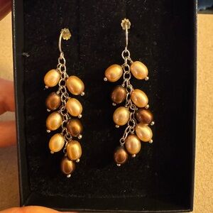Stunning Genuine Pearl and Sterling Silver Gold and Brown Dangle Earrings